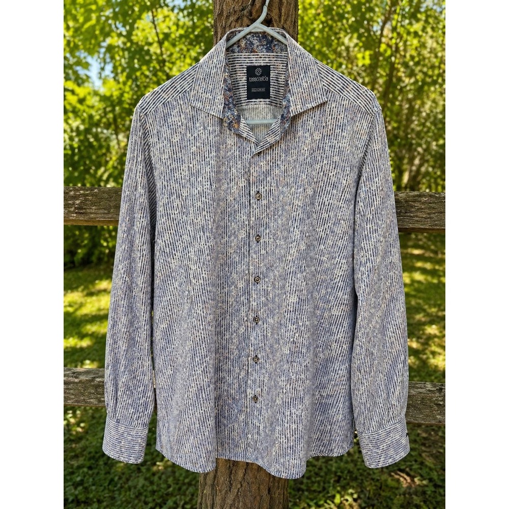 MARCELLO Dress Shirt Mens L Blue White Striped Abstract Button Down Long Sleeve